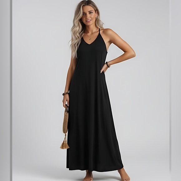 Black Halter Neck Tee Dress - Picture 1 of 8